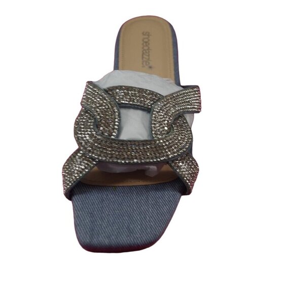Shoe Dazzle Blue Denim Rhinestone Embellished Slide Mules size 6 - Picture 3 of 6